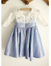 Elbow Sleeves Ivory Lace Blue Taffeta Timeless Flower Girl Dress